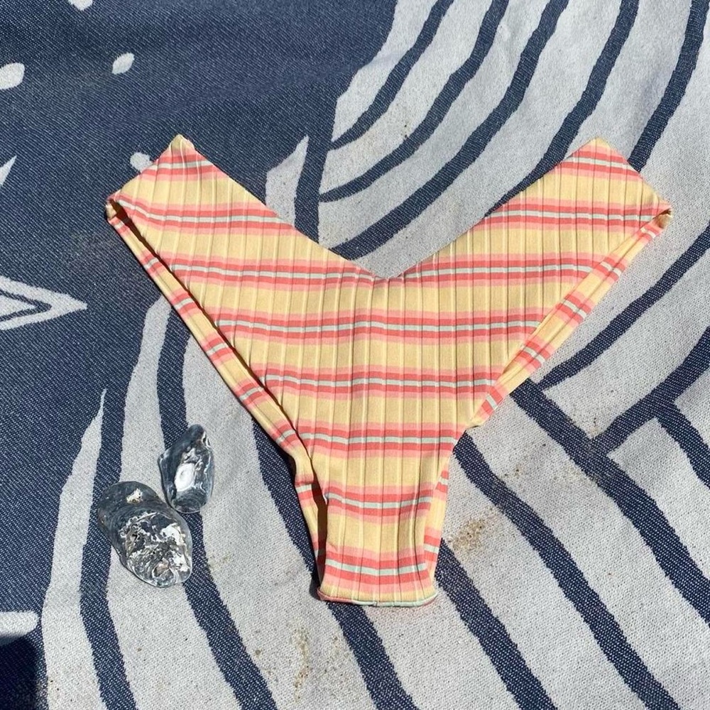 Billabong Retro Whimsy Yellow & Pink High Cut Cheeky Ribbed Bikini Bottom Sz L